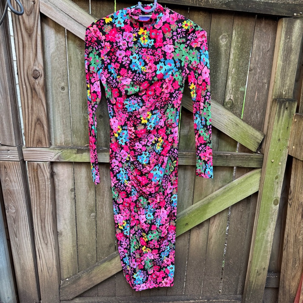 FUTURE COLLECTIVE KAHLANA BARFIELD BROWN floral long sleeve ruched dress